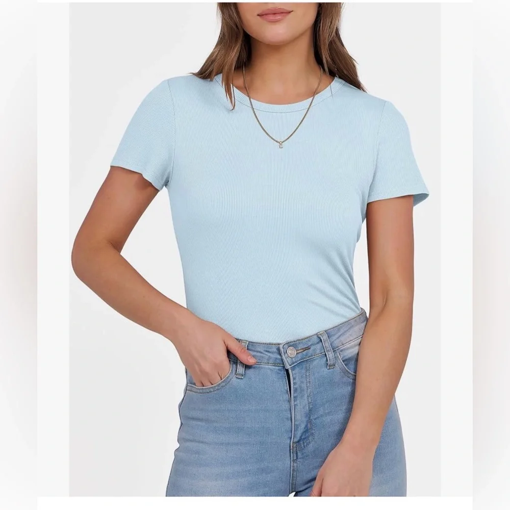 NWT Ribbed Short-Sleeve Sky Blue Ribbed Tee-M - Picture 7 of 12